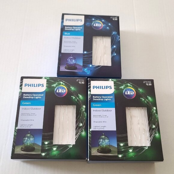 3 Philips Dewdrop LED 30 ct Wire Light 2 Green 1 Blue Battery Operated Timer NEW - Picture 1 of 15